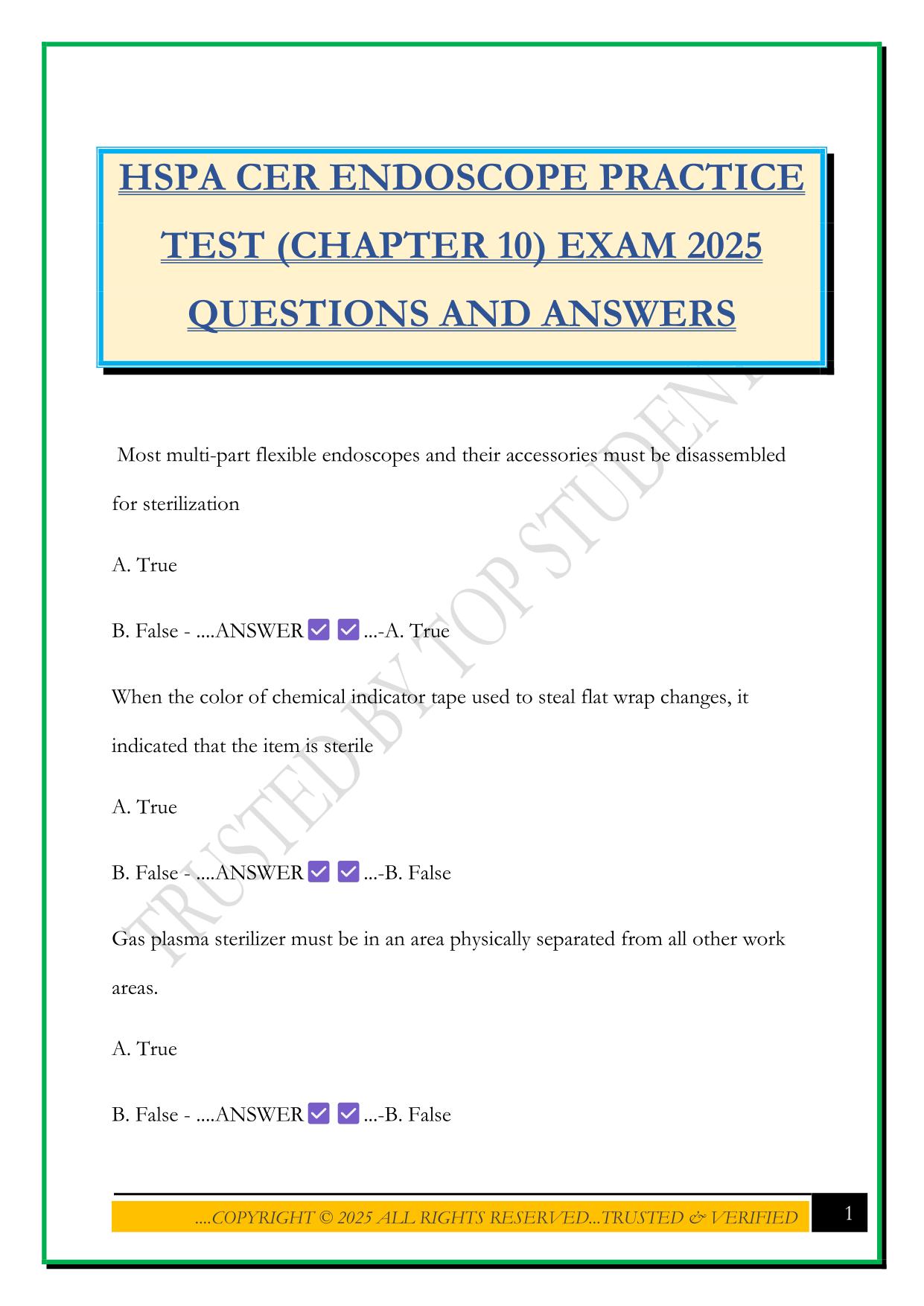 HSPA CER ENDOSCOPE PRACTICE TEST (CHAPTER 10) EXAM 2025 QUESTIONS AND ANSWERS