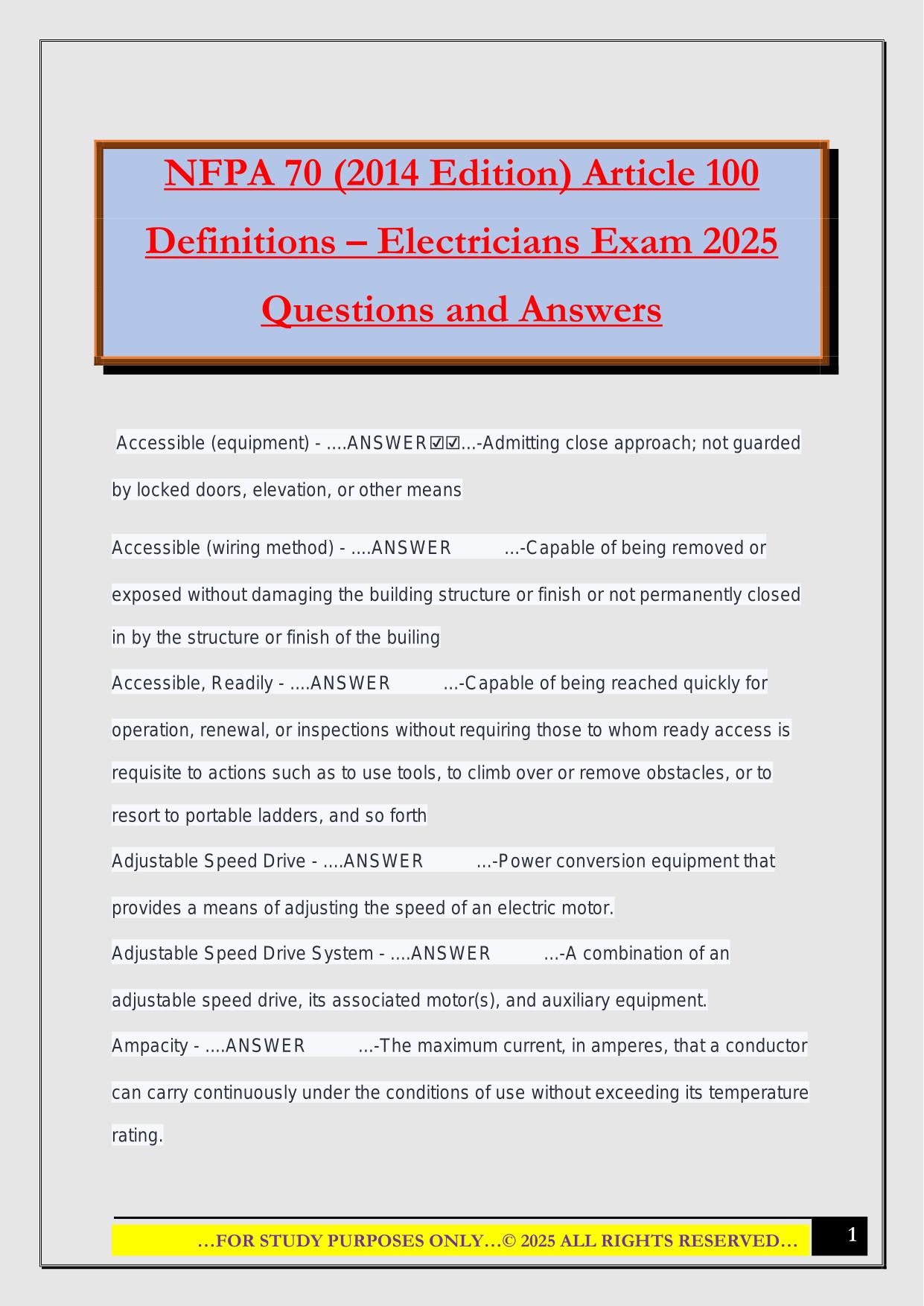 NFPA 70 (2014 Edition) Article 100 Definitions – Electricians Exam 2025 Questions and Answers