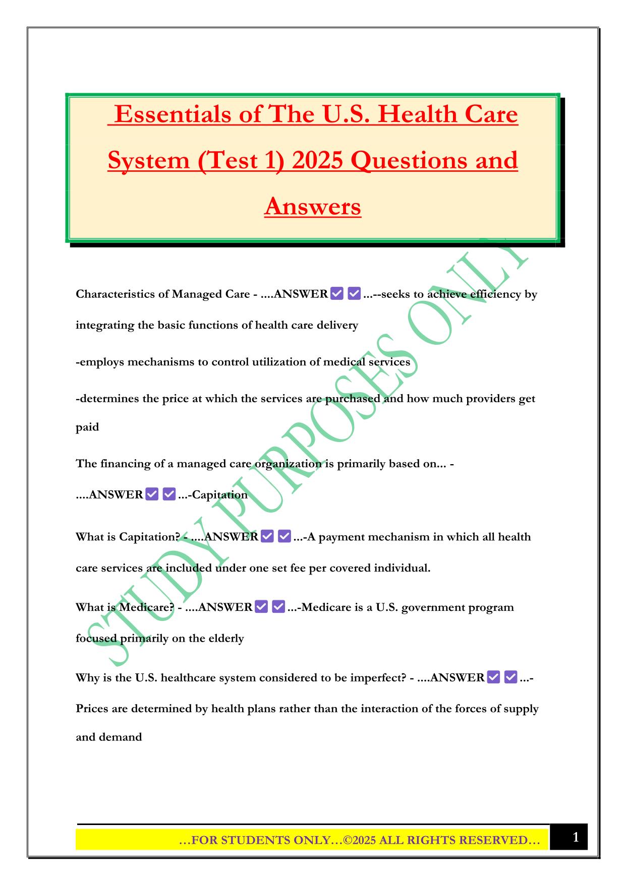 Essentials of The U.S. Health Care System (Test 1) 2025 Questions and Answers