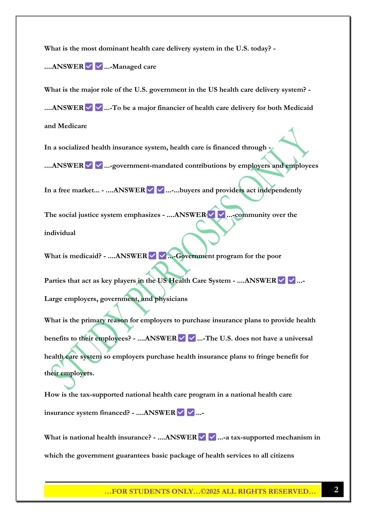 Essentials of The U.S. Health Care System (Test 1) 2025 Questions and Answers
