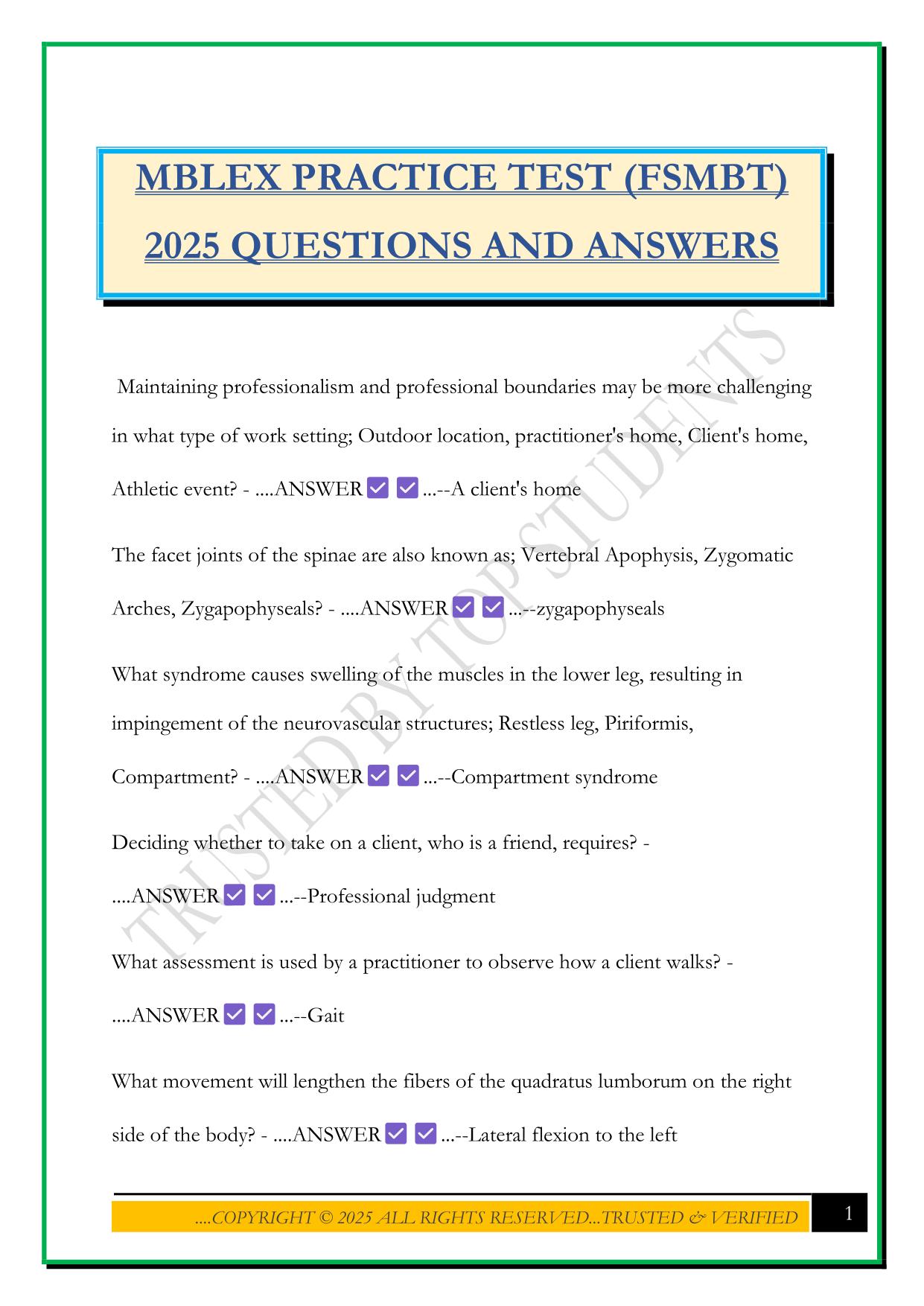 MBLEX PRACTICE TEST (FSMBT) 2025 QUESTIONS AND ANSWERS