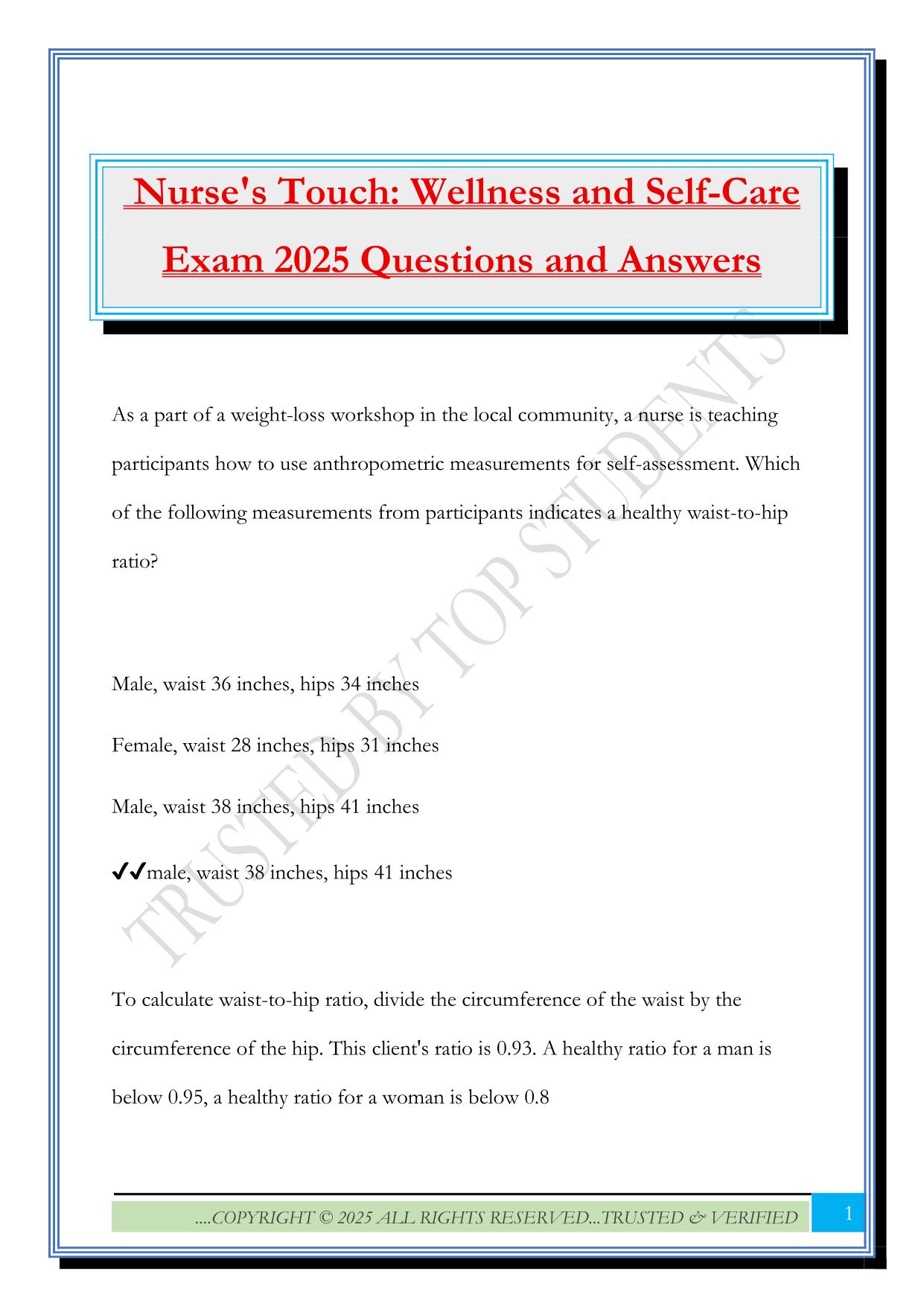 Nurse's Touch: Wellness and Self-Care Exam 2025 Questions and Answers