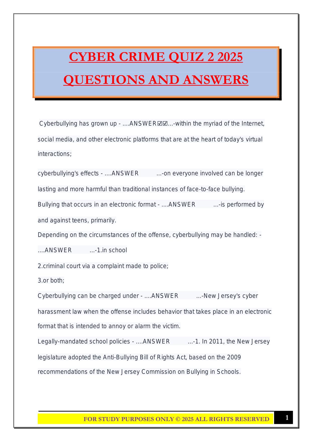 CYBER CRIME QUIZ 2 2025 QUESTIONS AND ANSWERS