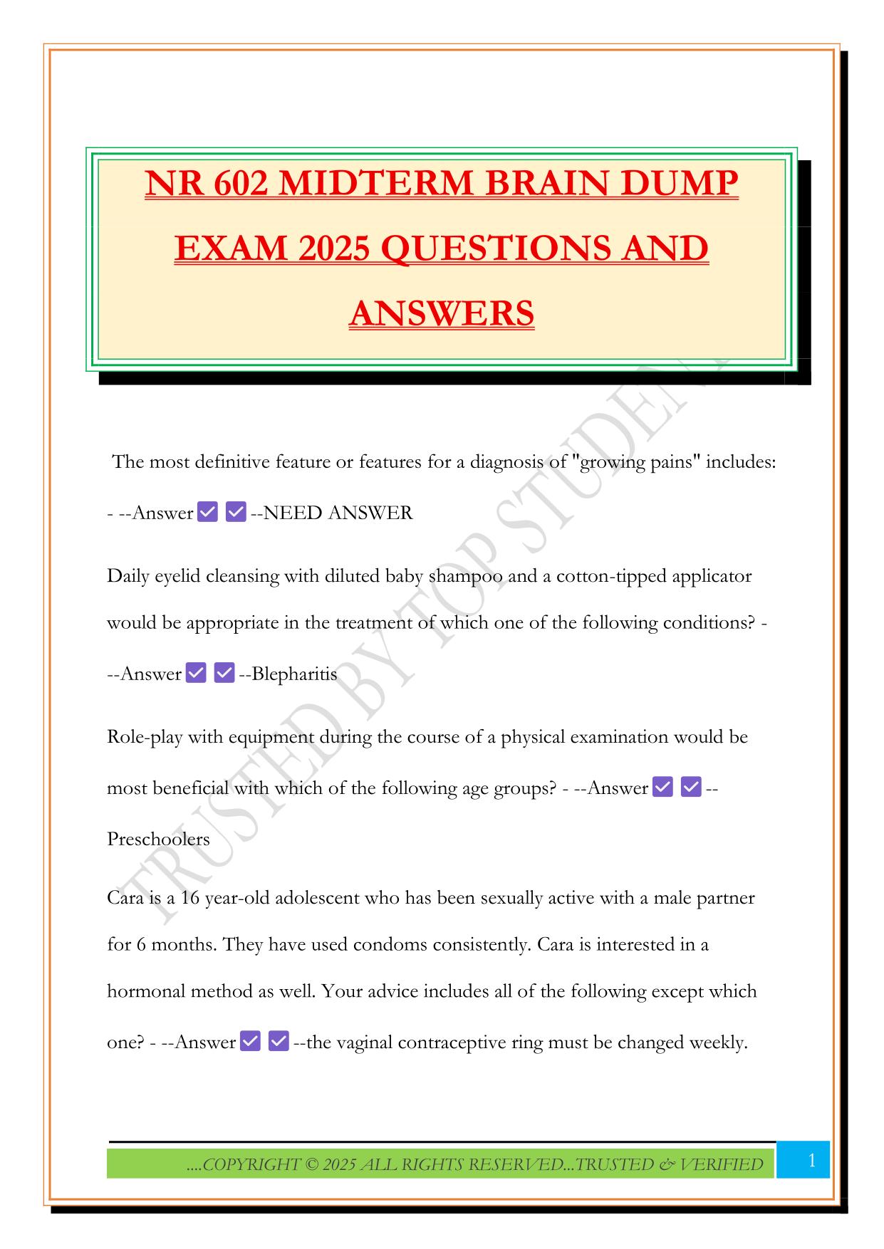 NR 602 MIDTERM BRAIN DUMP EXAM 2025 QUESTIONS AND ANSWERS