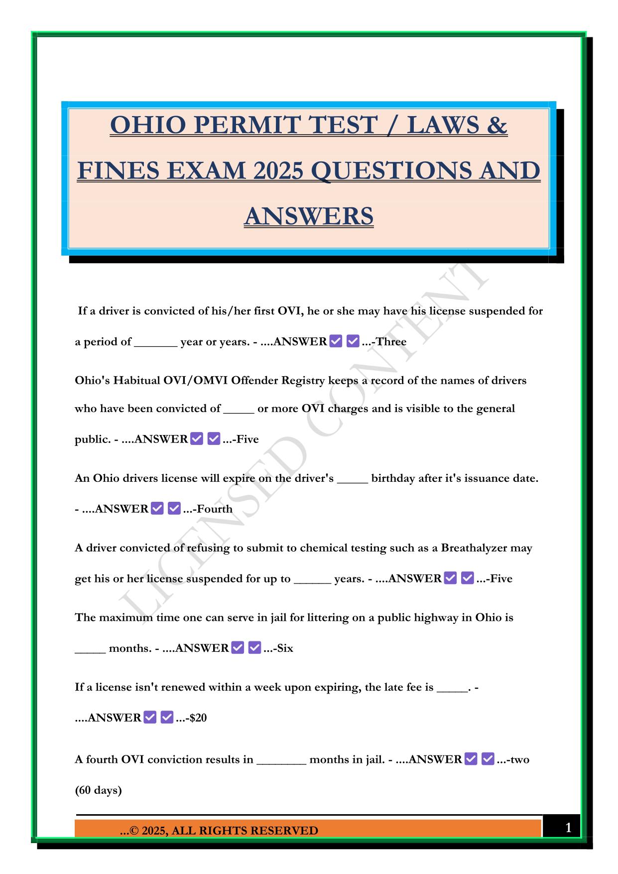 OHIO PERMIT TEST / LAWS & FINES EXAM 2025 QUESTIONS AND ANSWERS