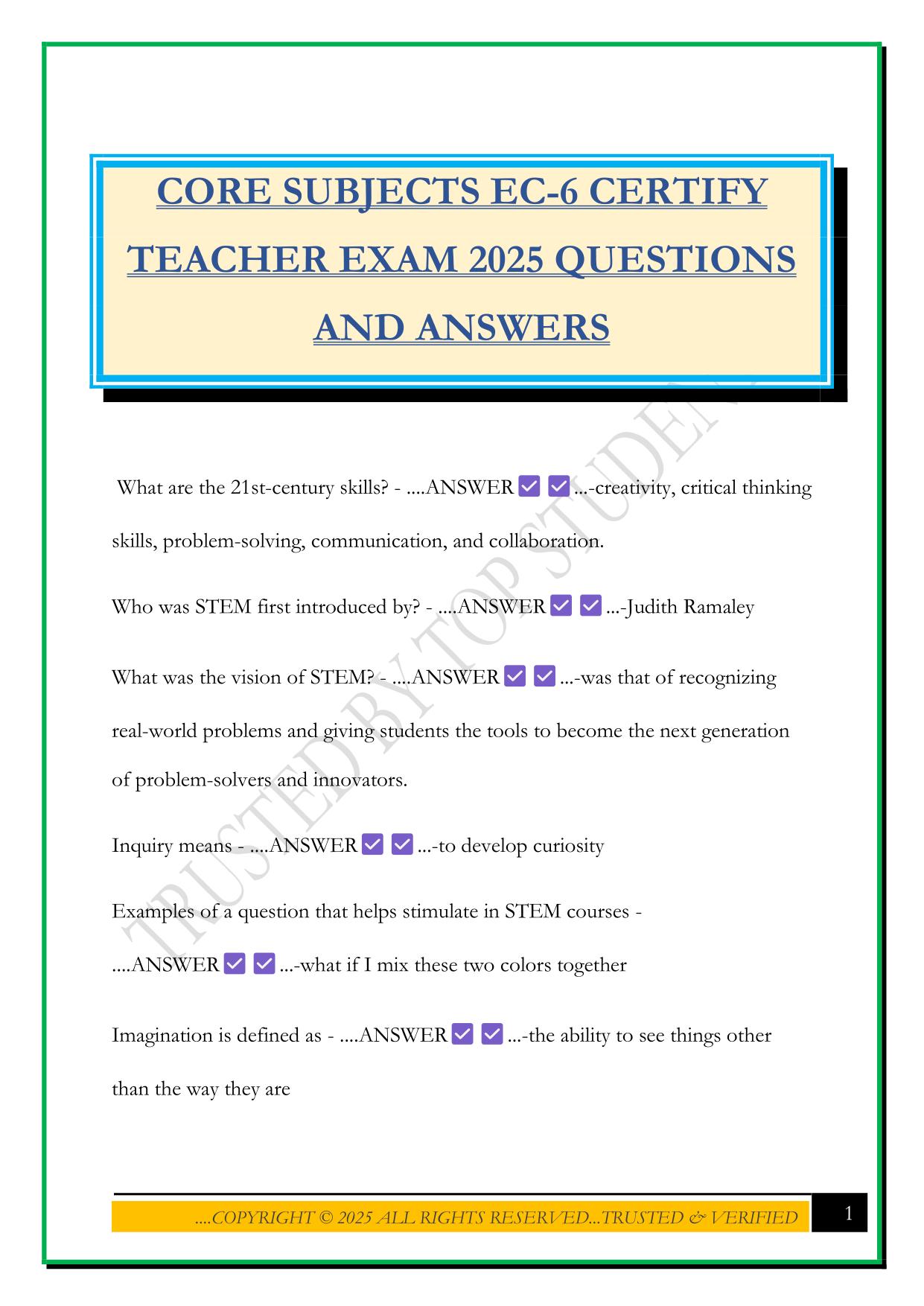 CORE SUBJECTS EC-6 CERTIFY TEACHER EXAM 2025 QUESTIONS AND ANSWERS