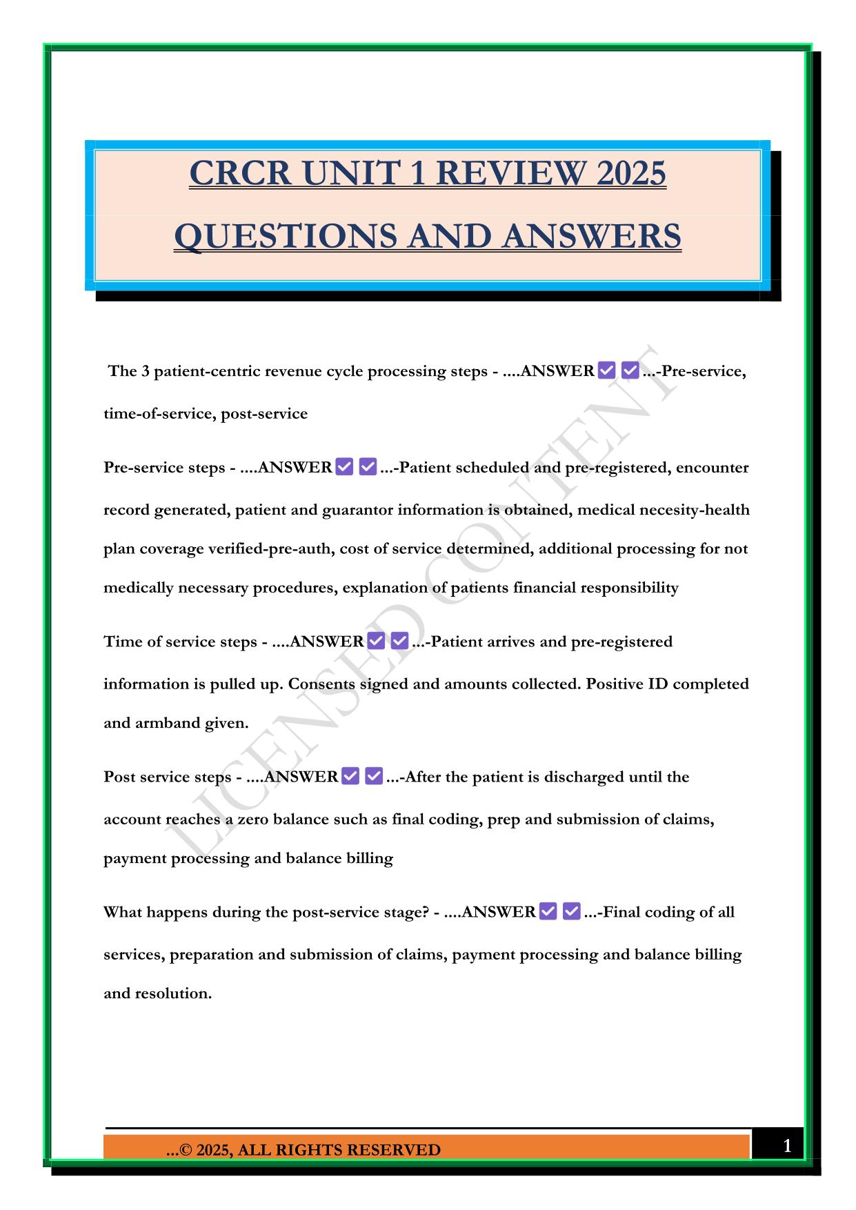 CRCR UNIT 1 REVIEW 2025 QUESTIONS AND ANSWERS