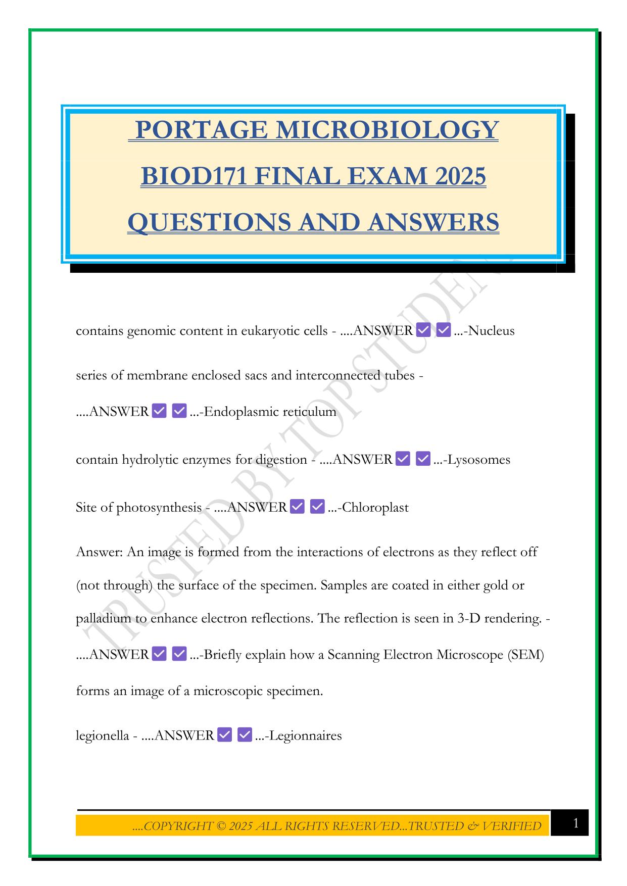 PORTAGE MICROBIOLOGY BIOD171 FINAL EXAM 2025 QUESTIONS AND ANSWERS