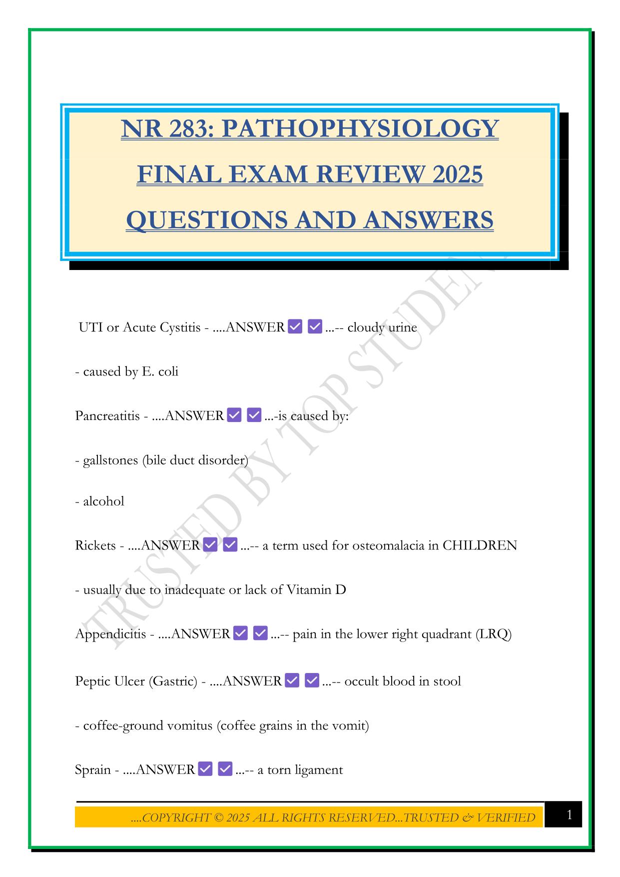 NR 283: PATHOPHYSIOLOGY FINAL EXAM REVIEW 2025 QUESTIONS AND ANSWERS