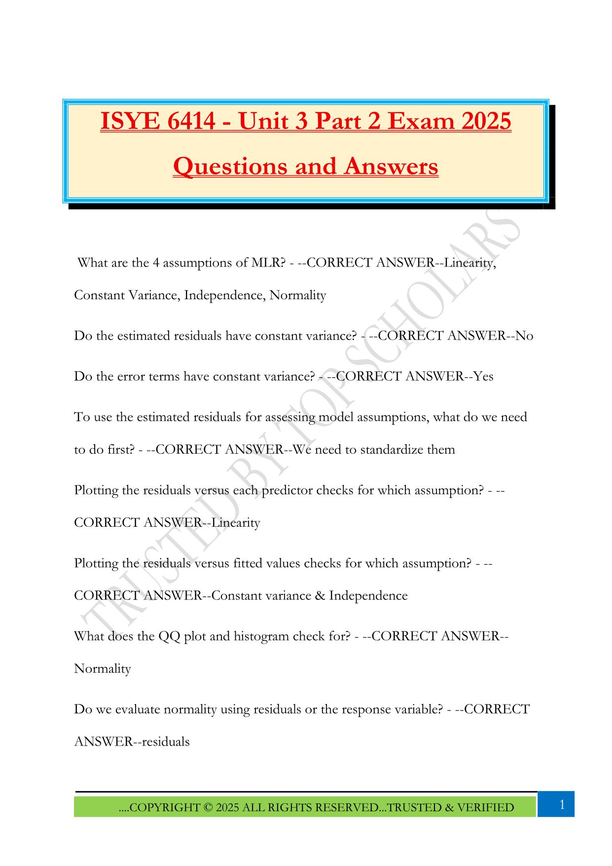 ISYE 6414 - Unit 3 Part 2 Exam 2025 Questions and Answers