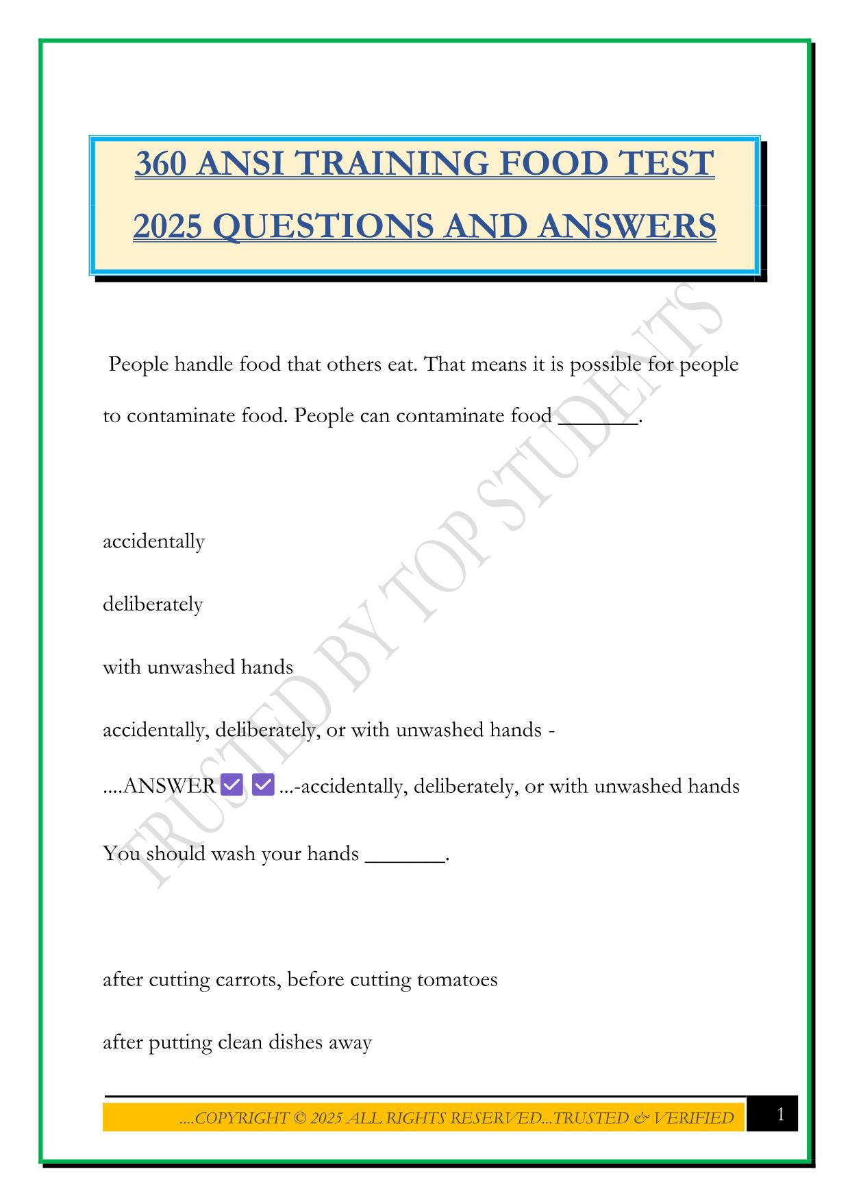 360 ANSI TRAINING FOOD TEST 2025 QUESTIONS AND ANSWERS