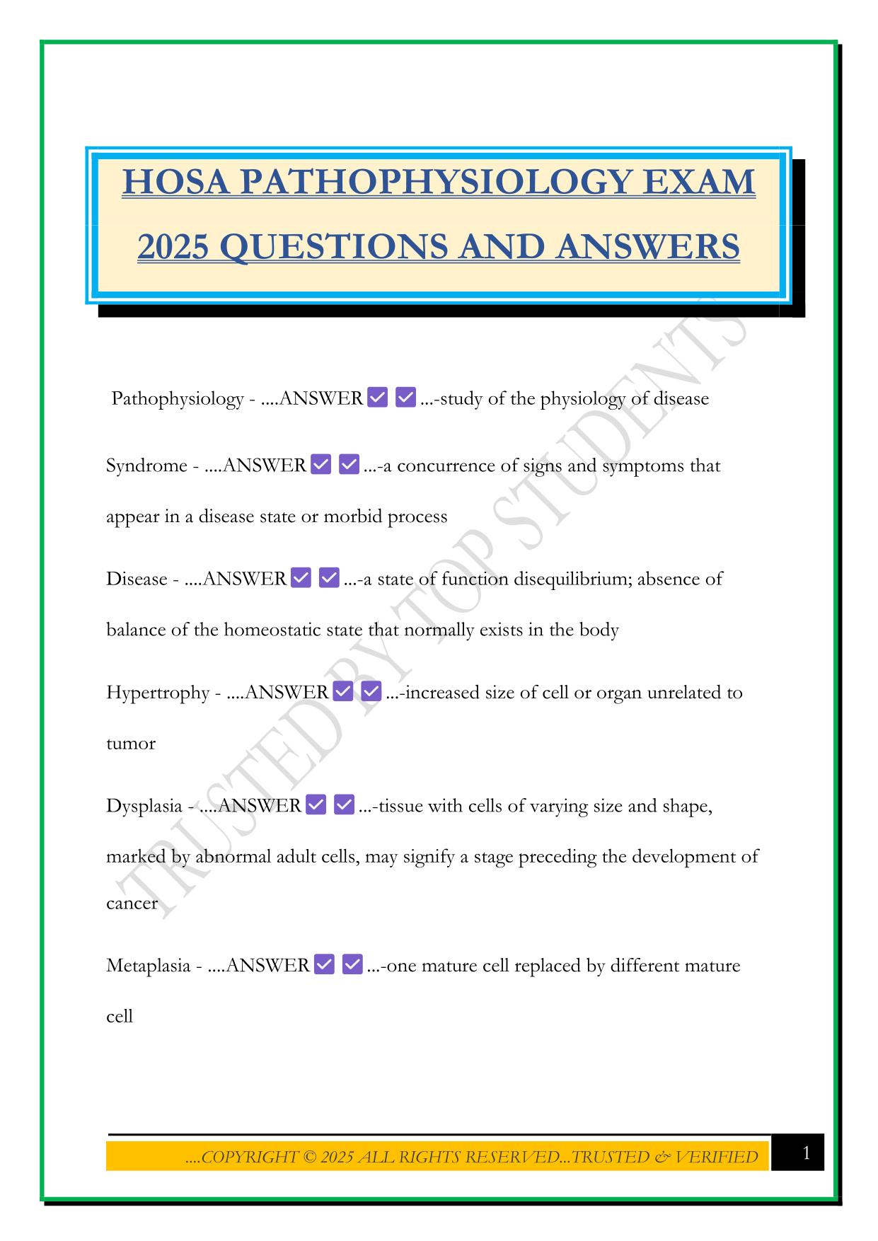 HOSA PATHOPHYSIOLOGY EXAM 2025 QUESTIONS AND ANSWERS