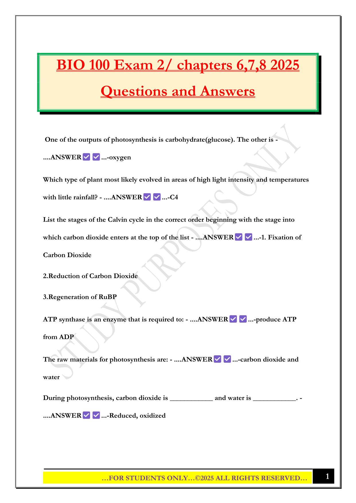 BIO 100 Exam 2/ chapters 6,7,8 2025 Questions and Answers