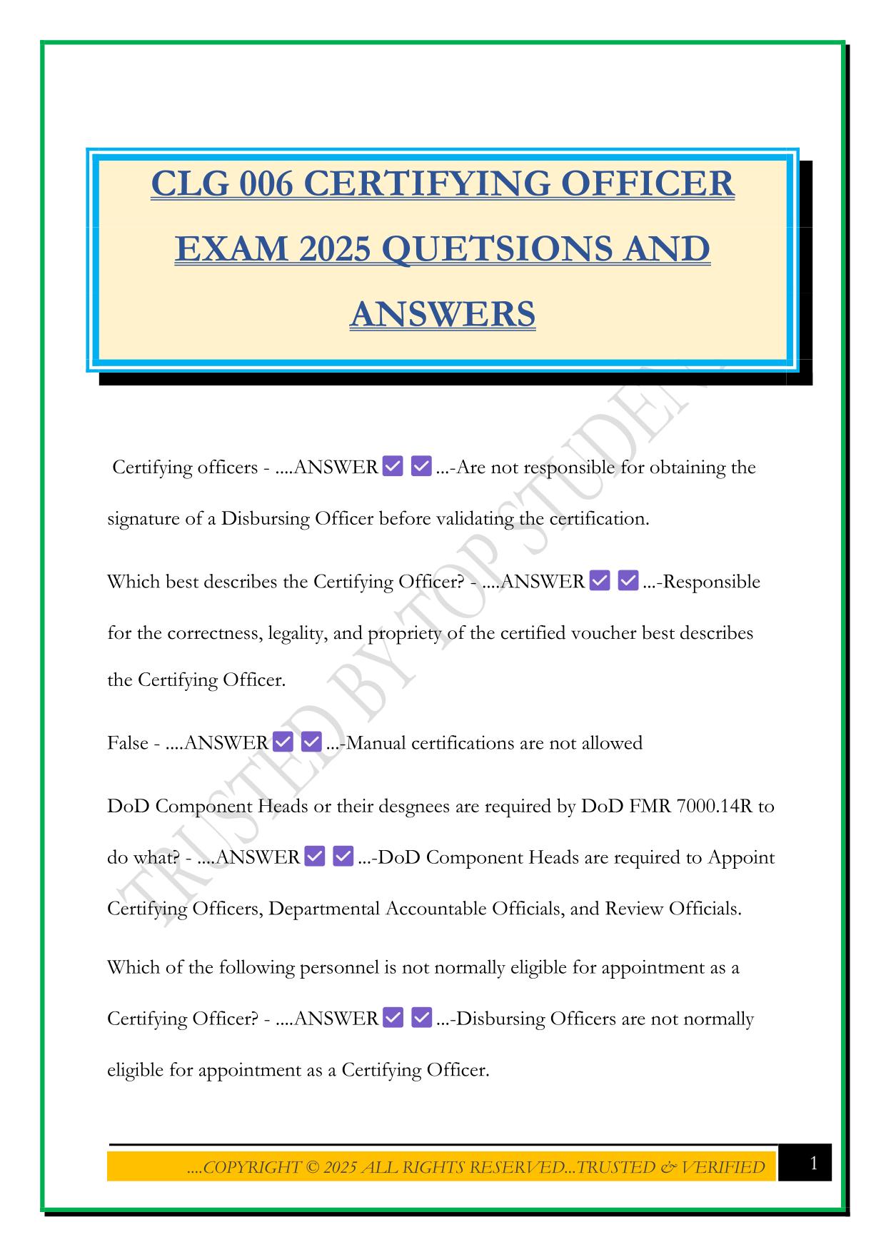 CLG 006 CERTIFYING OFFICER EXAM 2025 QUETSIONS AND ANSWERS
