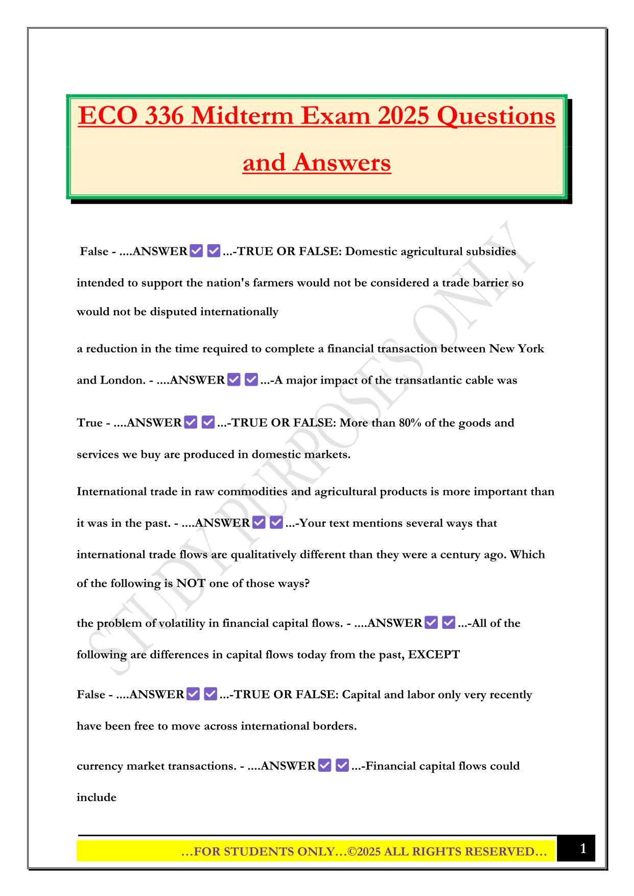 ECO 336 Midterm Exam 2025 Questions and Answers