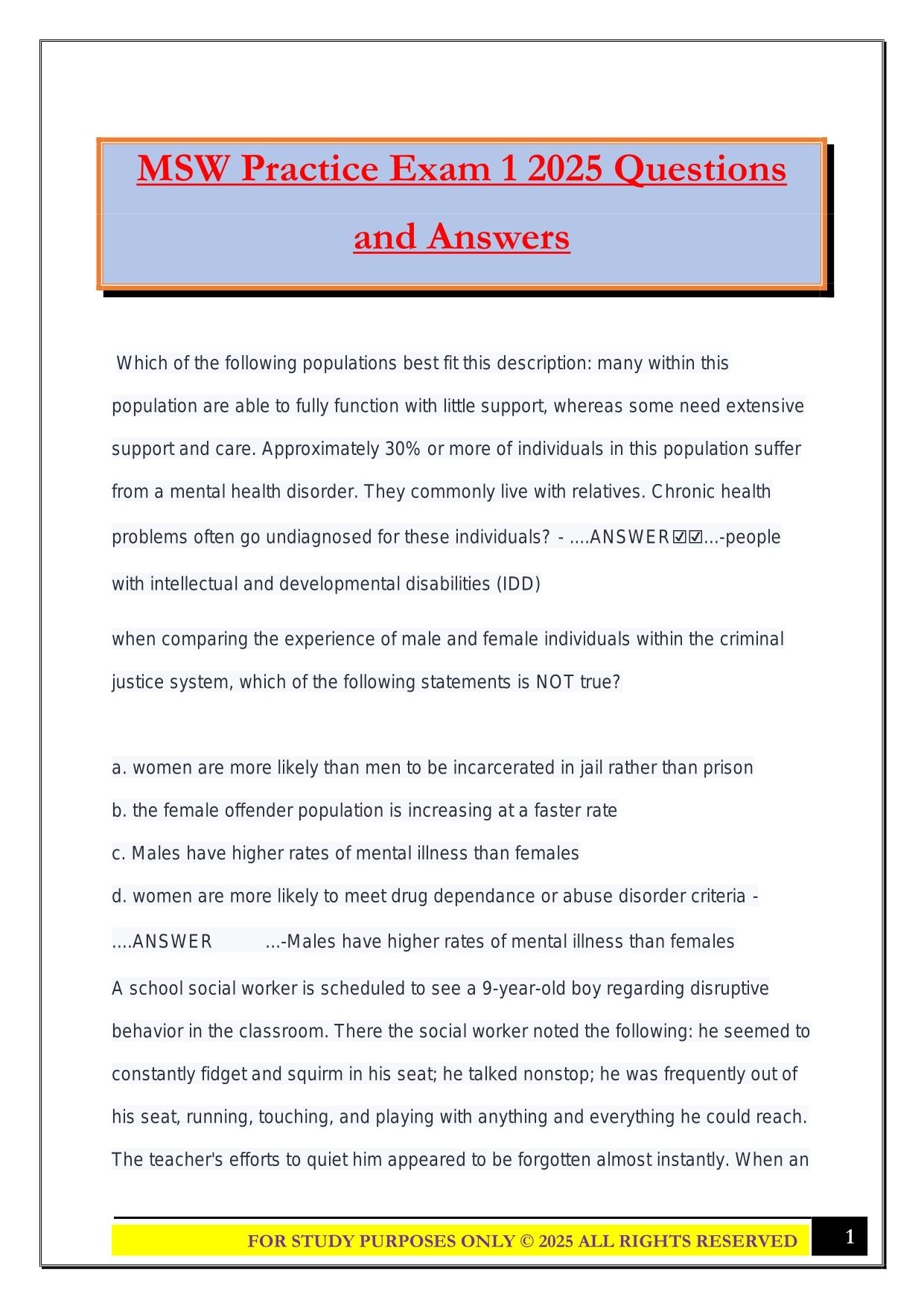 MSW Practice Exam 1 2025 Questions and Answers