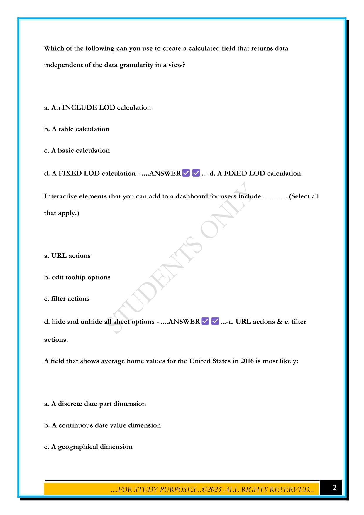 TABLEAU CERTIFICATION EXAM 2025 QUESTIONS AND ANSWERS