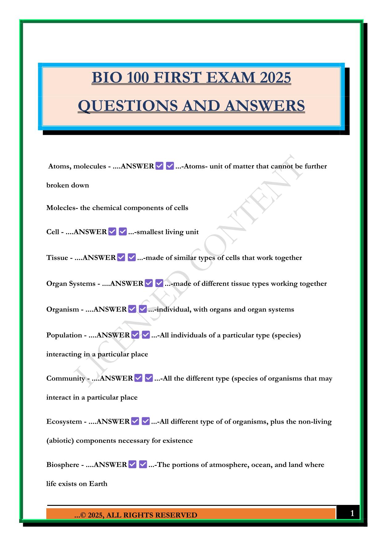BIO 100 FIRST EXAM 2025 QUESTIONS AND ANSWERS
