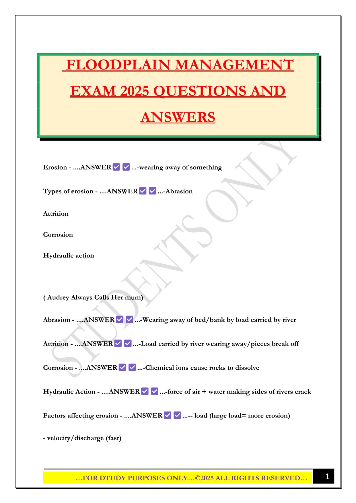 FLOODPLAIN MANAGEMENT EXAM 2025 QUESTIONS AND ANSWERS