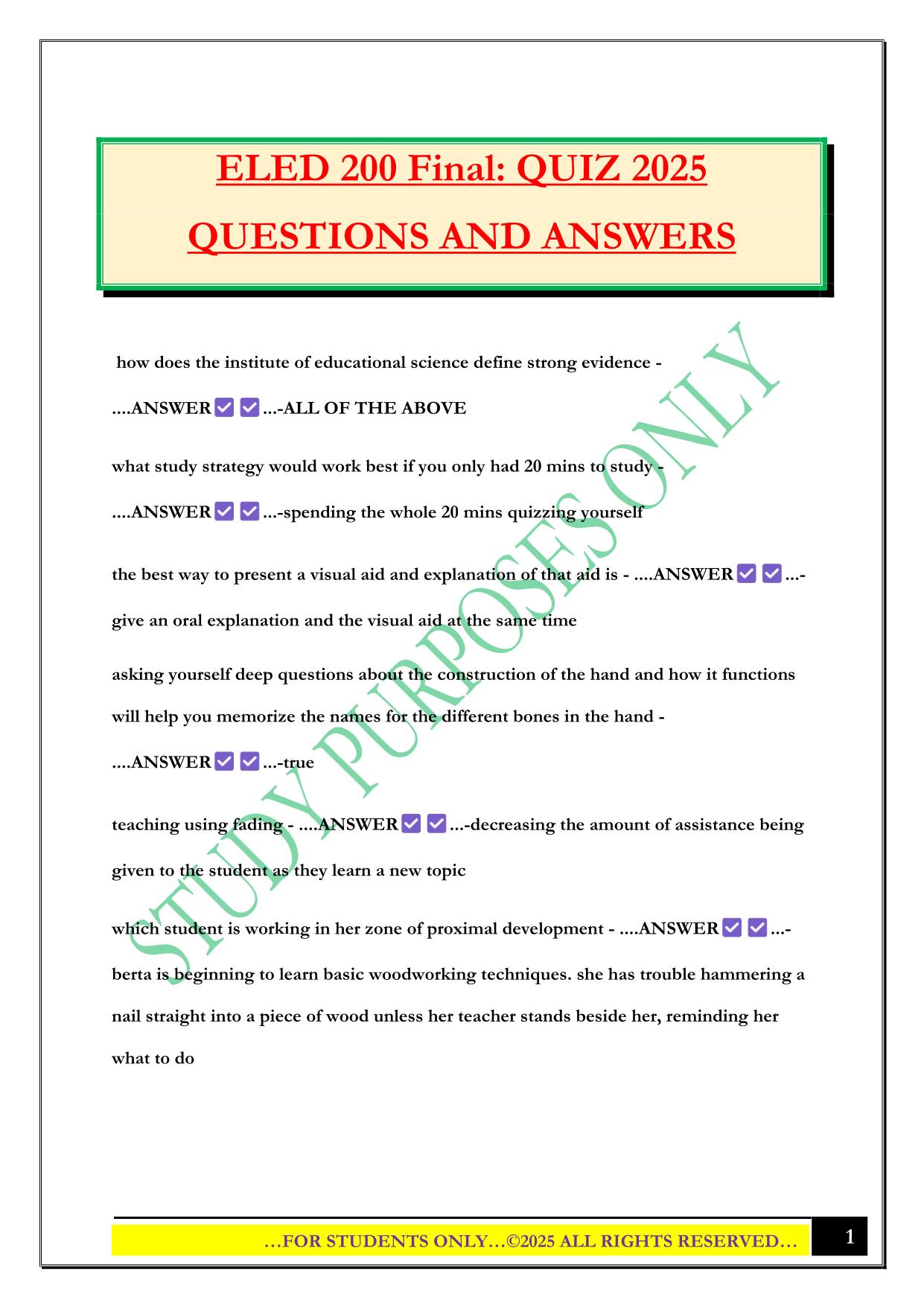 ELED 200 Final: QUIZ 2025 QUESTIONS AND ANSWERS