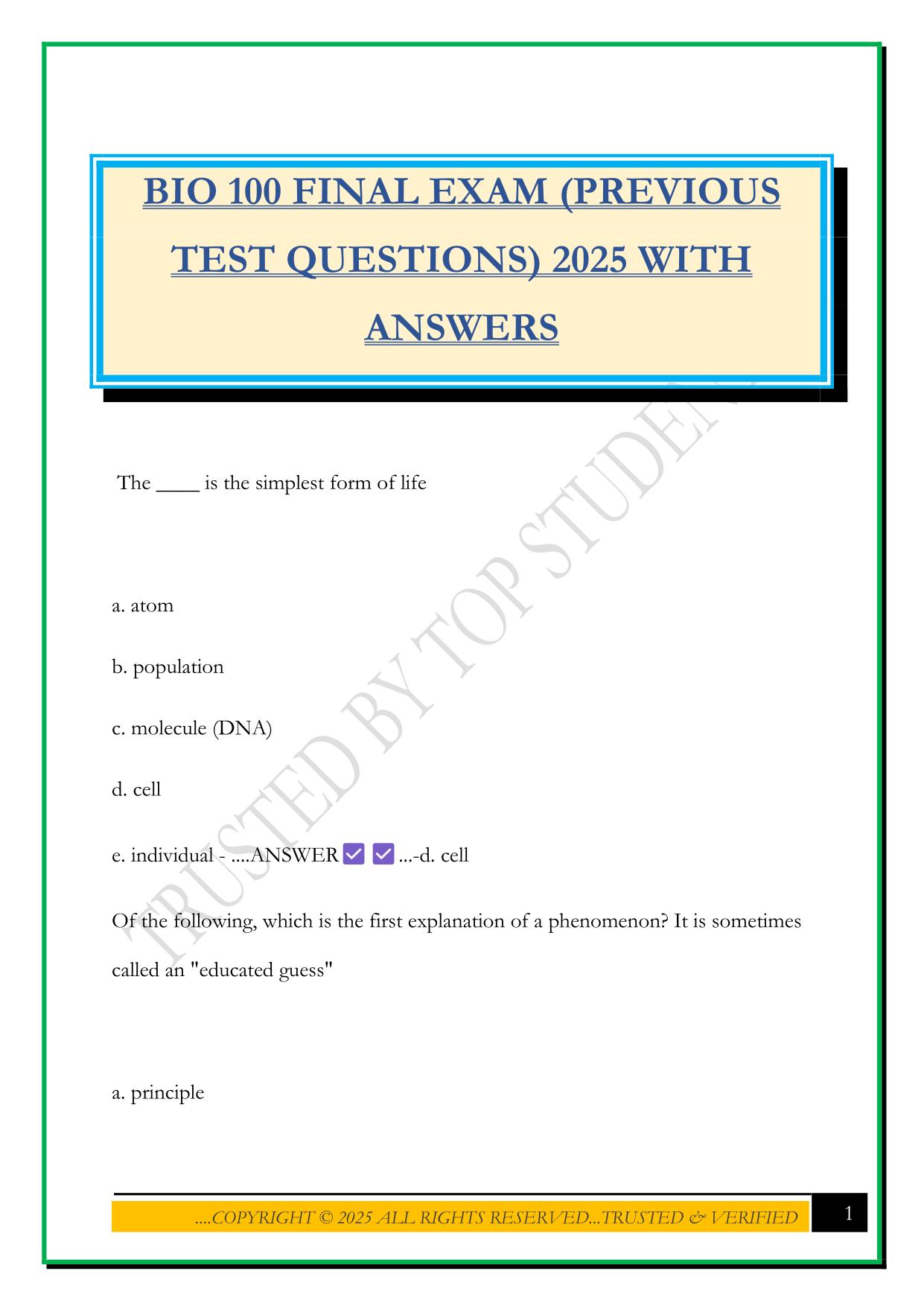 BIO 100 FINAL EXAM (PREVIOUS TEST QUESTIONS) 2025 WITH ANSWERS