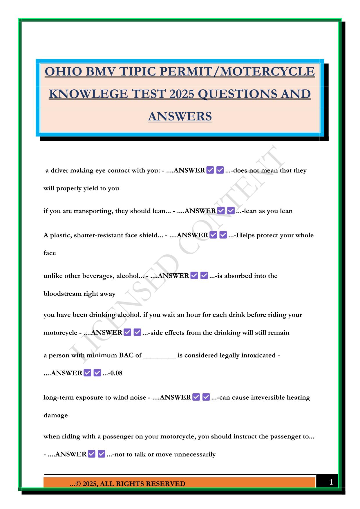OHIO BMV TIPIC PERMIT/MOTERCYCLE KNOWLEGE TEST 2025 QUESTIONS AND ANSWERS