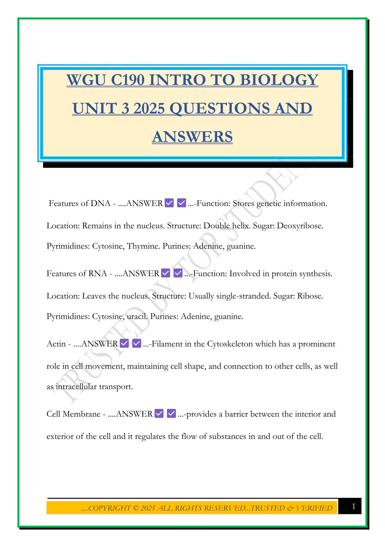 WGU C190 INTRO TO BIOLOGY UNIT 3 2025 QUESTIONS AND ANSWERS