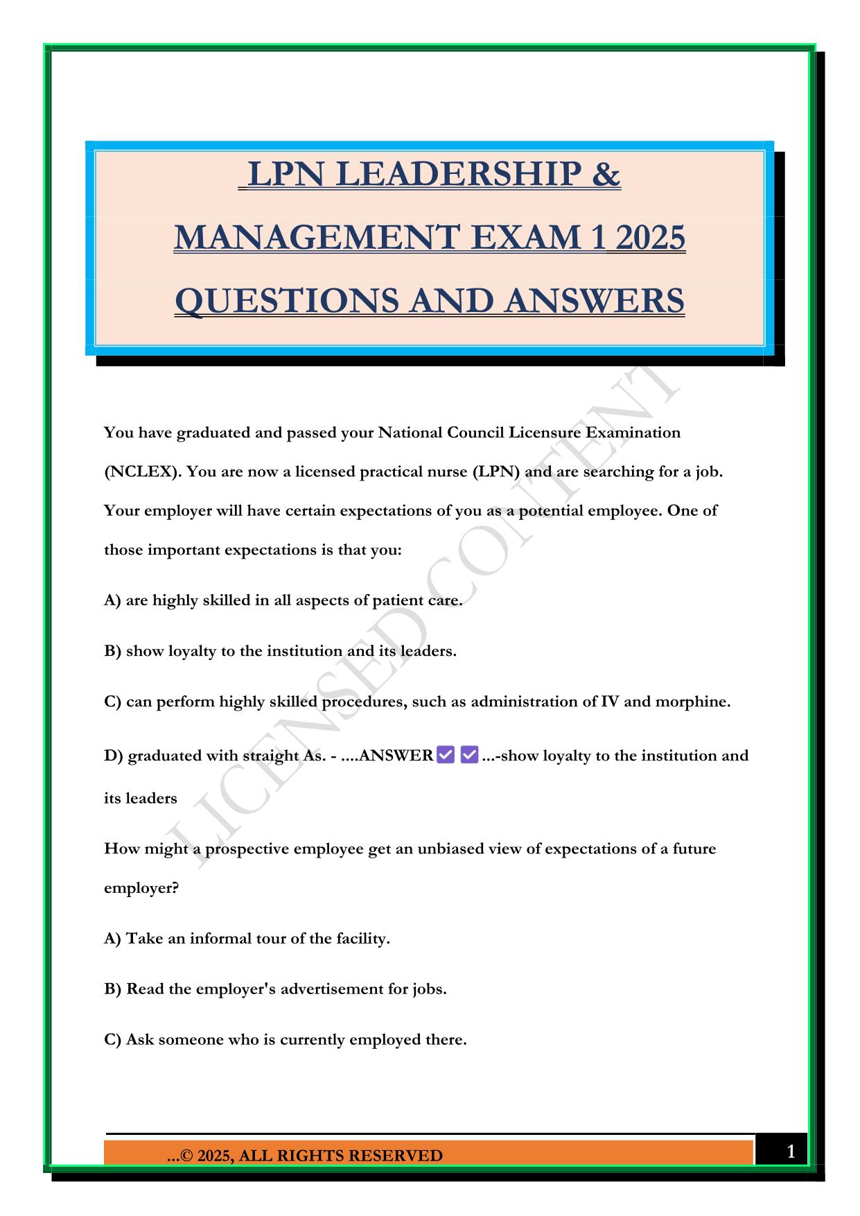 LPN LEADERSHIP & MANAGEMENT EXAM 1 2025 QUESTIONS AND ANSWERS