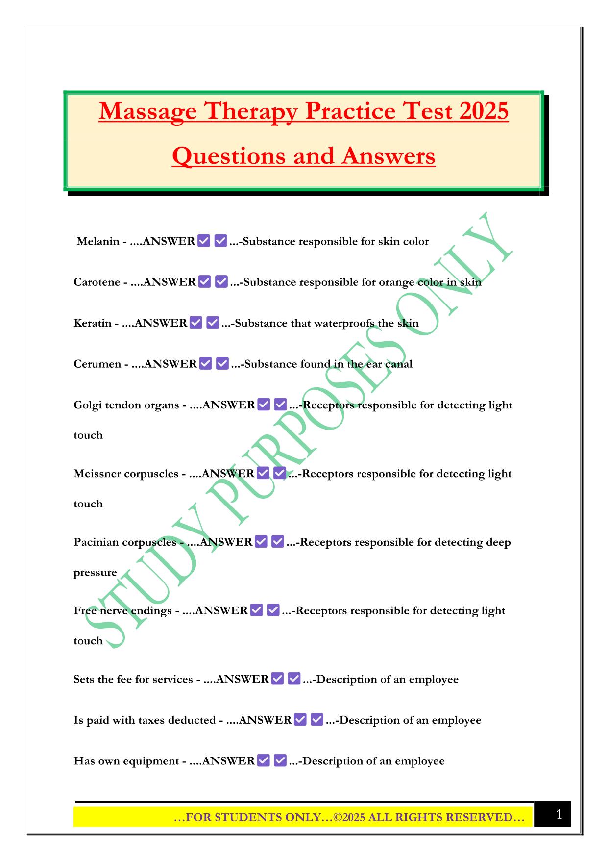Massage Therapy Practice Test 2025 Questions and Answers