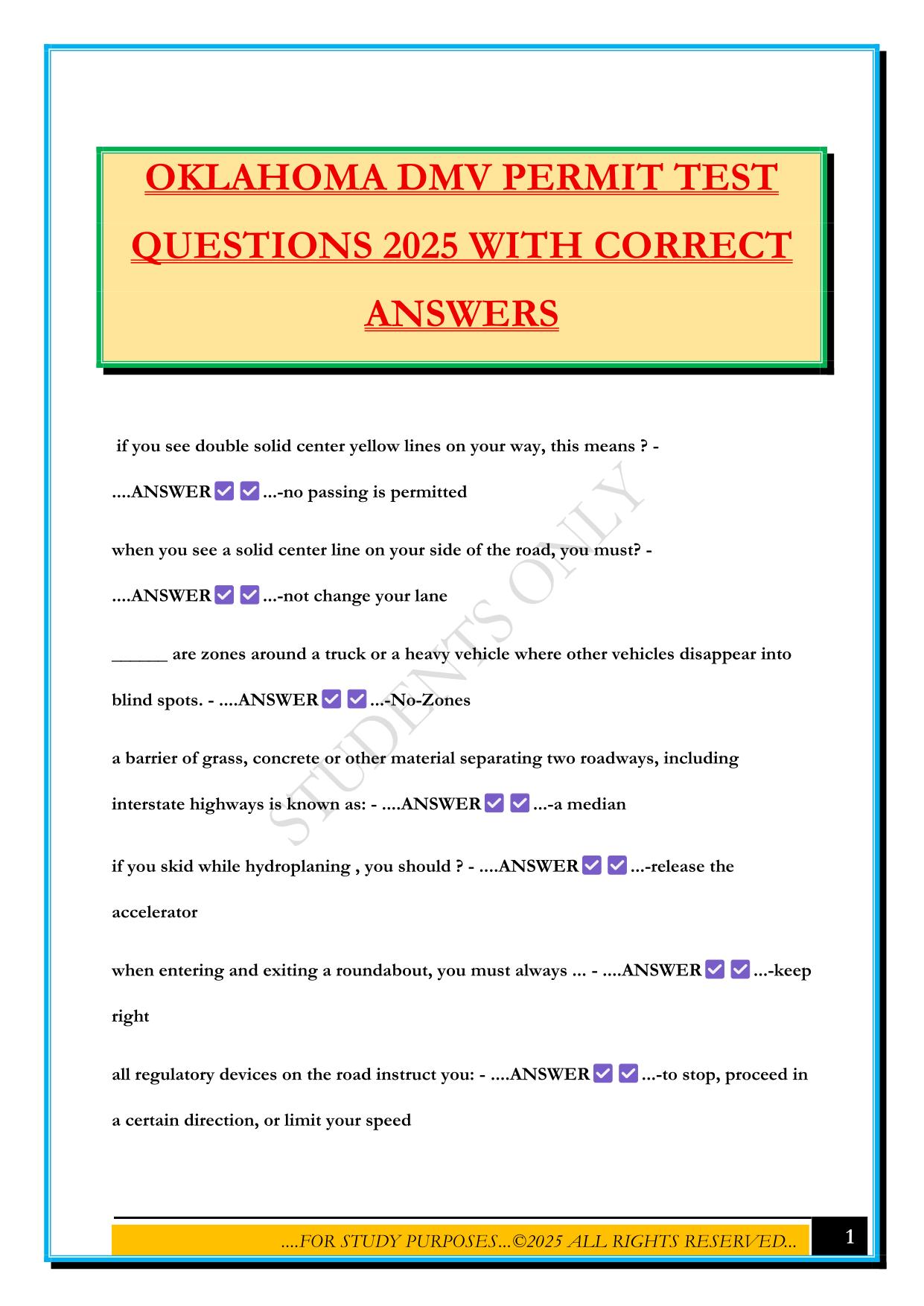 OKLAHOMA DMV PERMIT TEST QUESTIONS 2025 WITH CORRECT ANSWERS