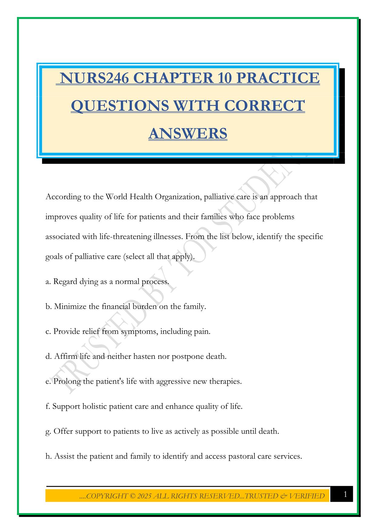 NURS246 CHAPTER 10 PRACTICE QUESTIONS WITH CORRECT ANSWERS