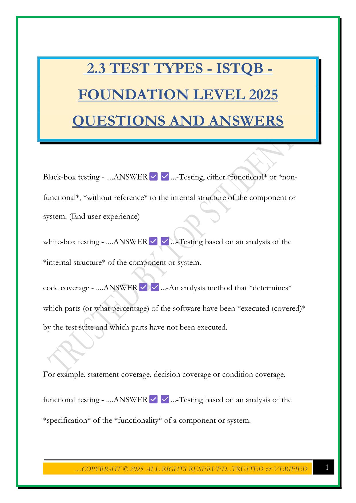 2.3 TEST TYPES - ISTQB - FOUNDATION LEVEL 2025 QUESTIONS AND ANSWERS