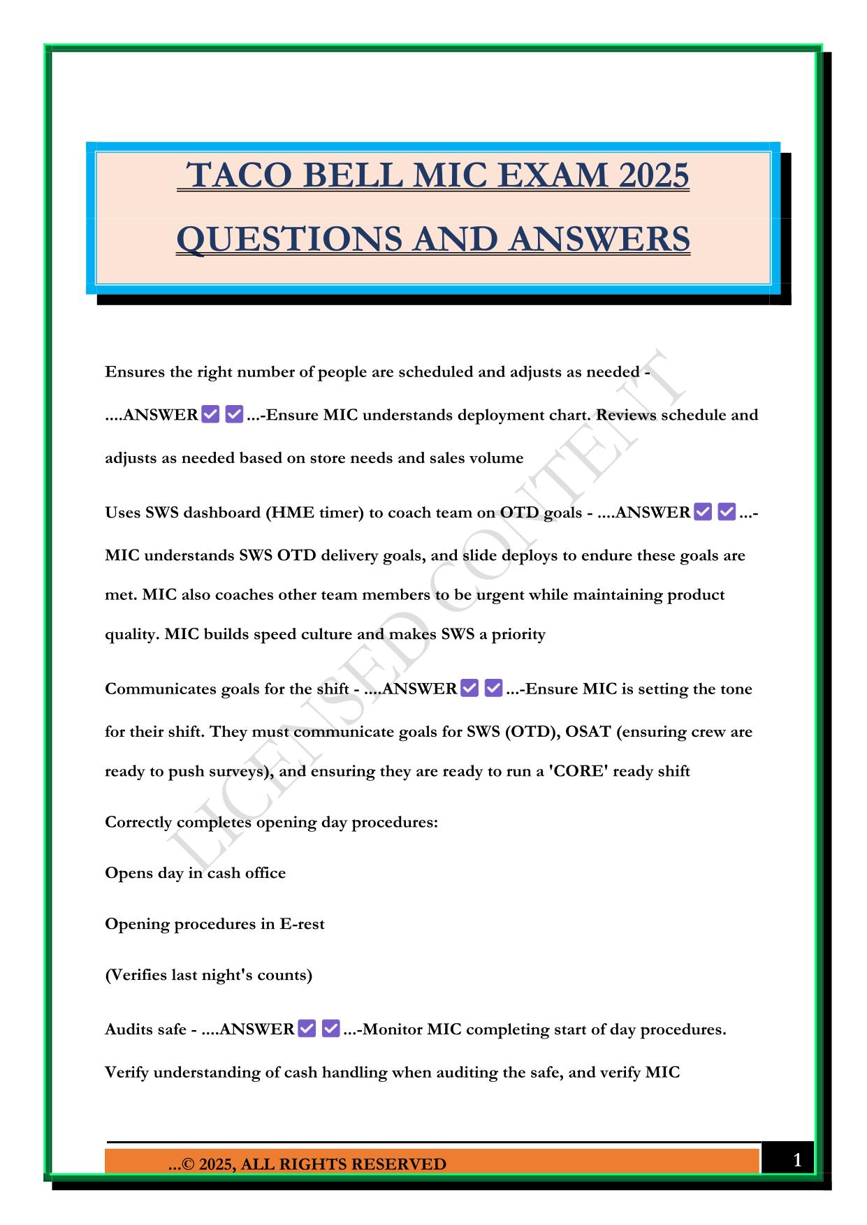 TACO BELL MIC EXAM 2025 QUESTIONS AND ANSWERS