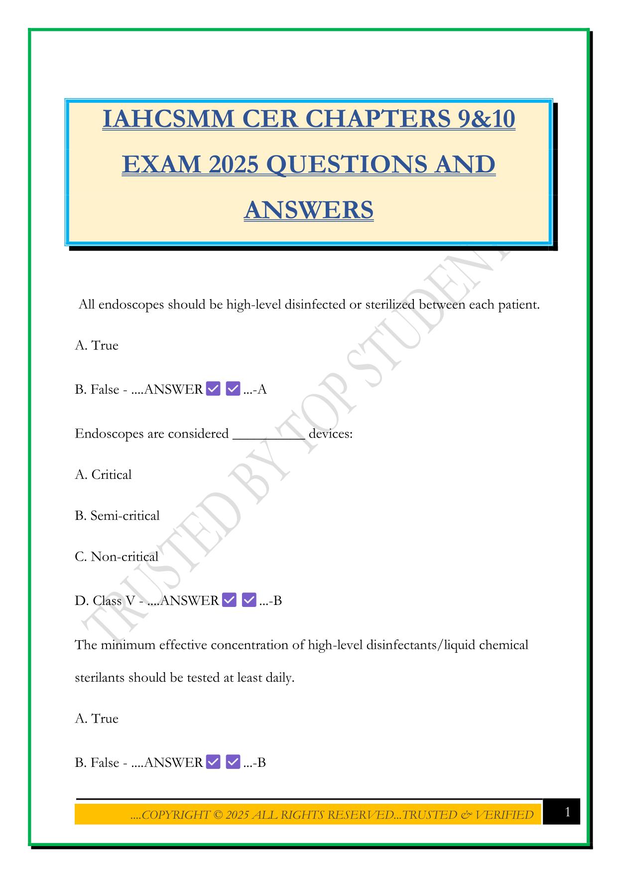 IAHCSMM CER CHAPTERS 9&10 EXAM 2025 QUESTIONS AND ANSWERS