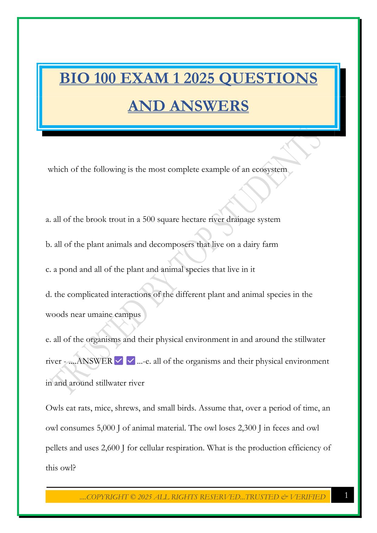 BIO 100 EXAM 1 2025 QUESTIONS AND ANSWERS