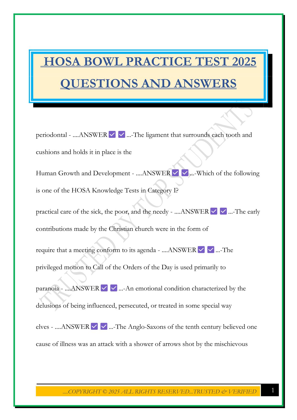 HOSA BOWL PRACTICE TEST 2025 QUESTIONS AND ANSWERS