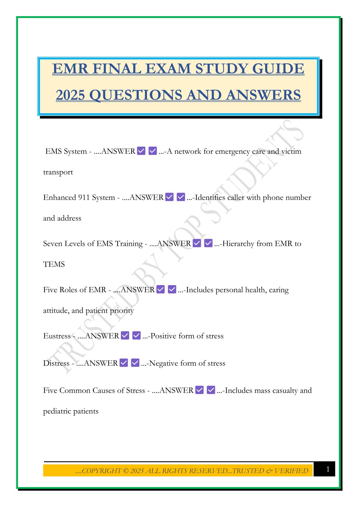 EMR FINAL EXAM STUDY GUIDE 2025 QUESTIONS AND ANSWERS