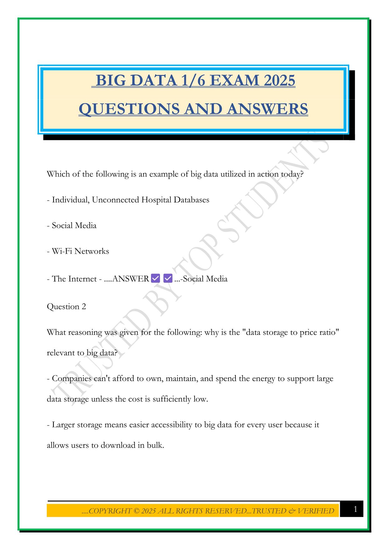 BIG DATA 1/6 EXAM 2025 QUESTIONS AND ANSWERS
