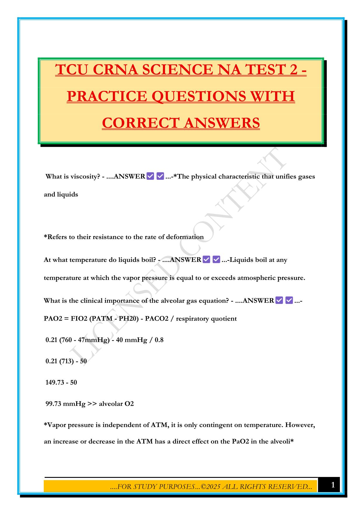 TCU CRNA SCIENCE NA TEST 2 - PRACTICE QUESTIONS WITH CORRECT ANSWERS