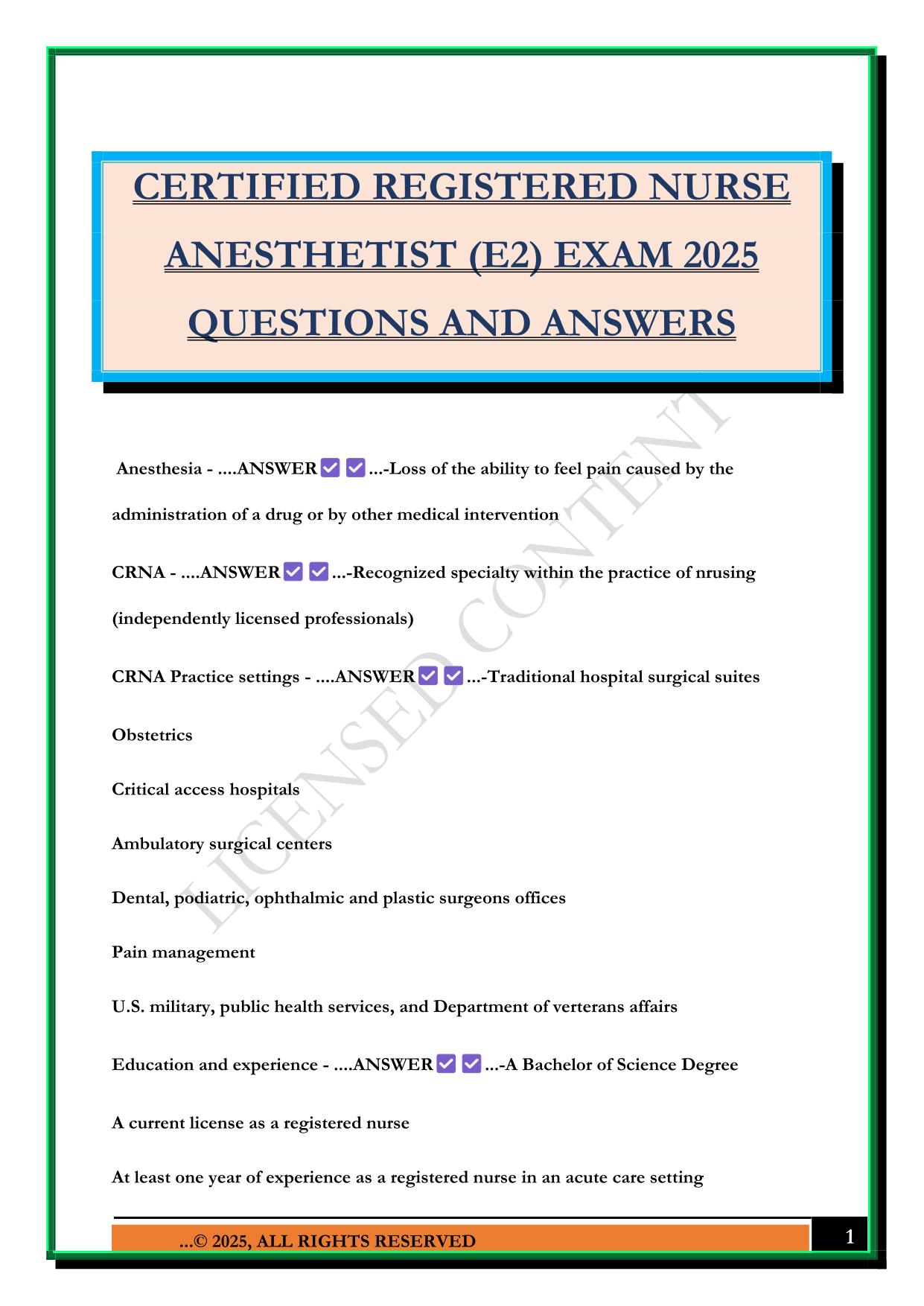 CERTIFIED REGISTERED NURSE ANESTHETIST (E2) EXAM 2025 QUESTIONS AND ANSWERS