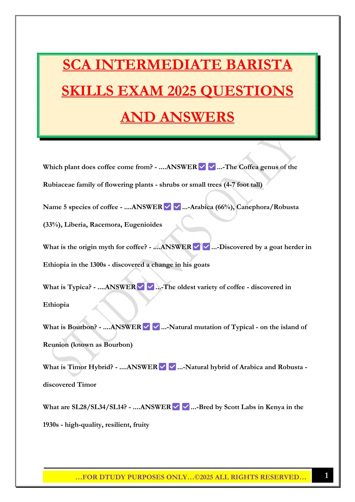 SCA INTERMEDIATE BARISTA SKILLS EXAM 2025 QUESTIONS AND ANSWERS