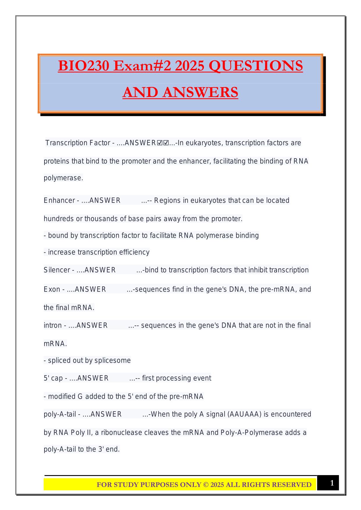 BIO230 Exam#2 2025 QUESTIONS AND ANSWERS
