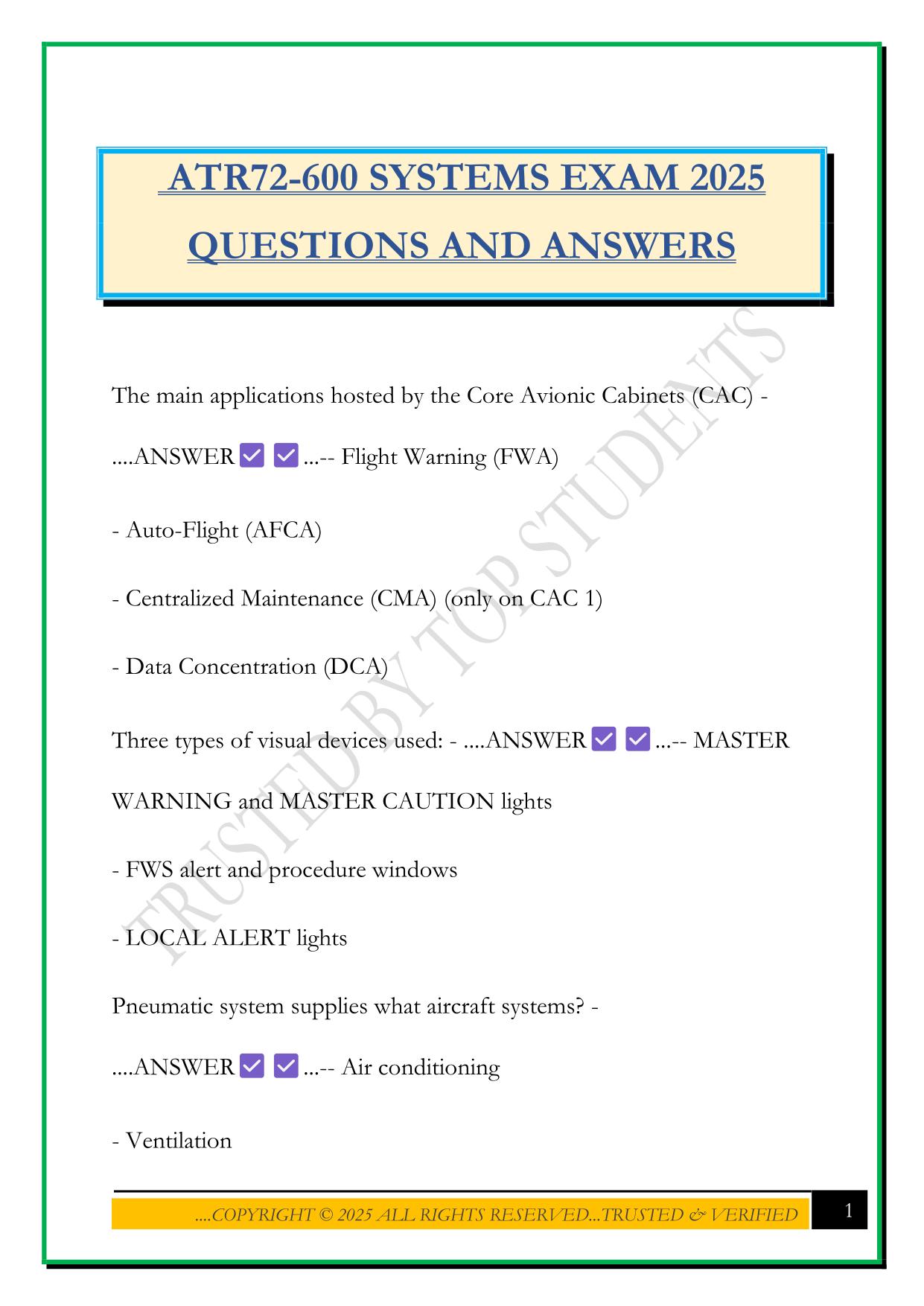 ATR72-600 SYSTEMS EXAM 2025 QUESTIONS AND ANSWERS