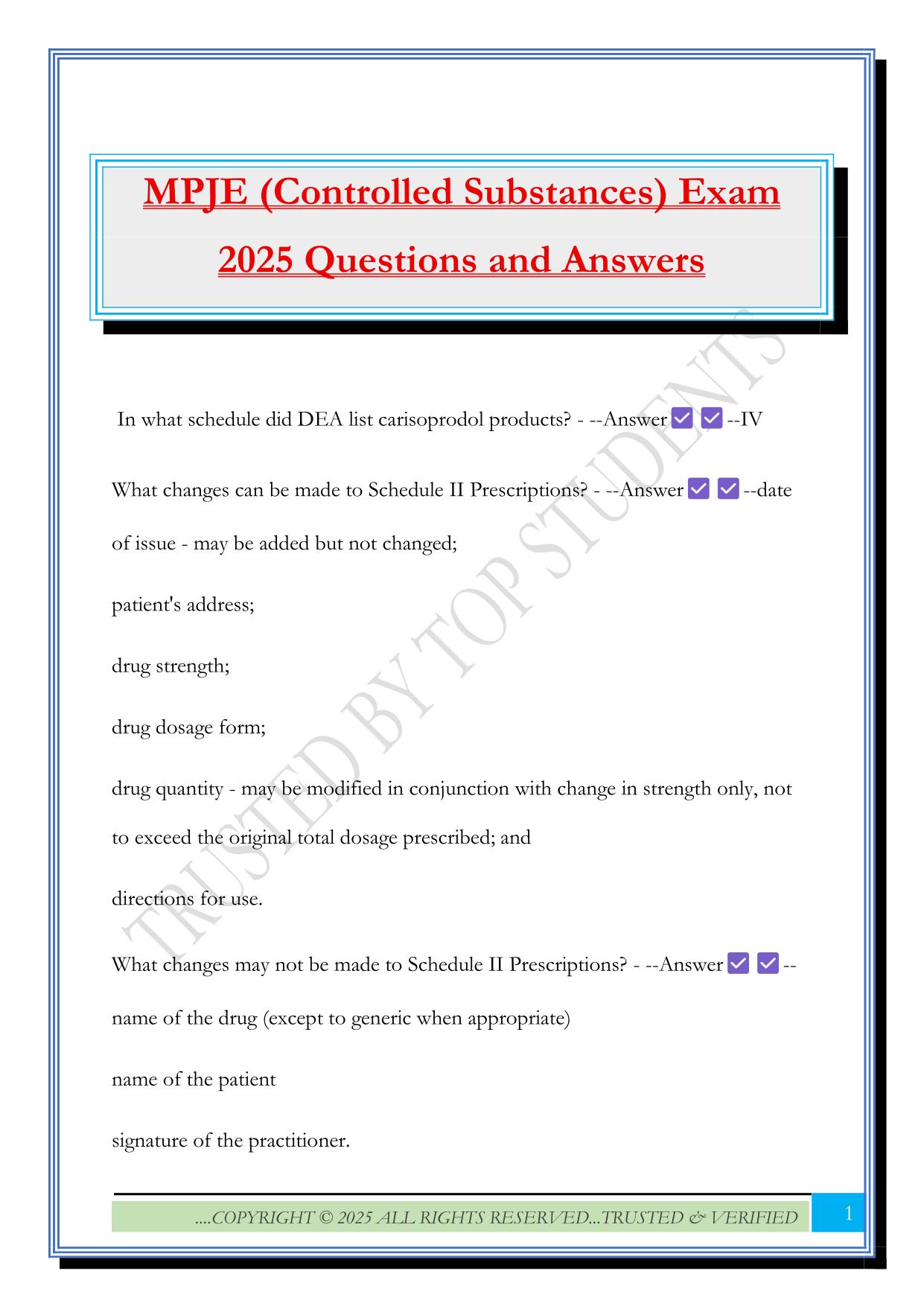 MPJE (Controlled Substances) Exam 2025 Questions and Answers