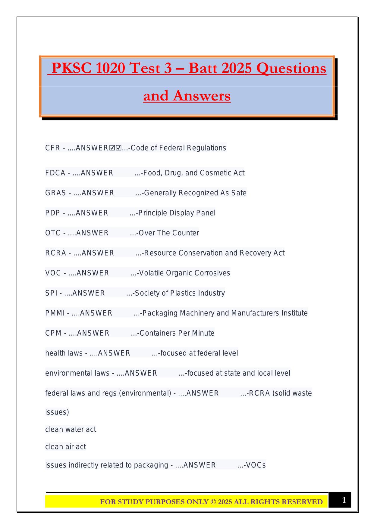 PKSC 1020 Test 3 – Batt 2025 Questions and Answers