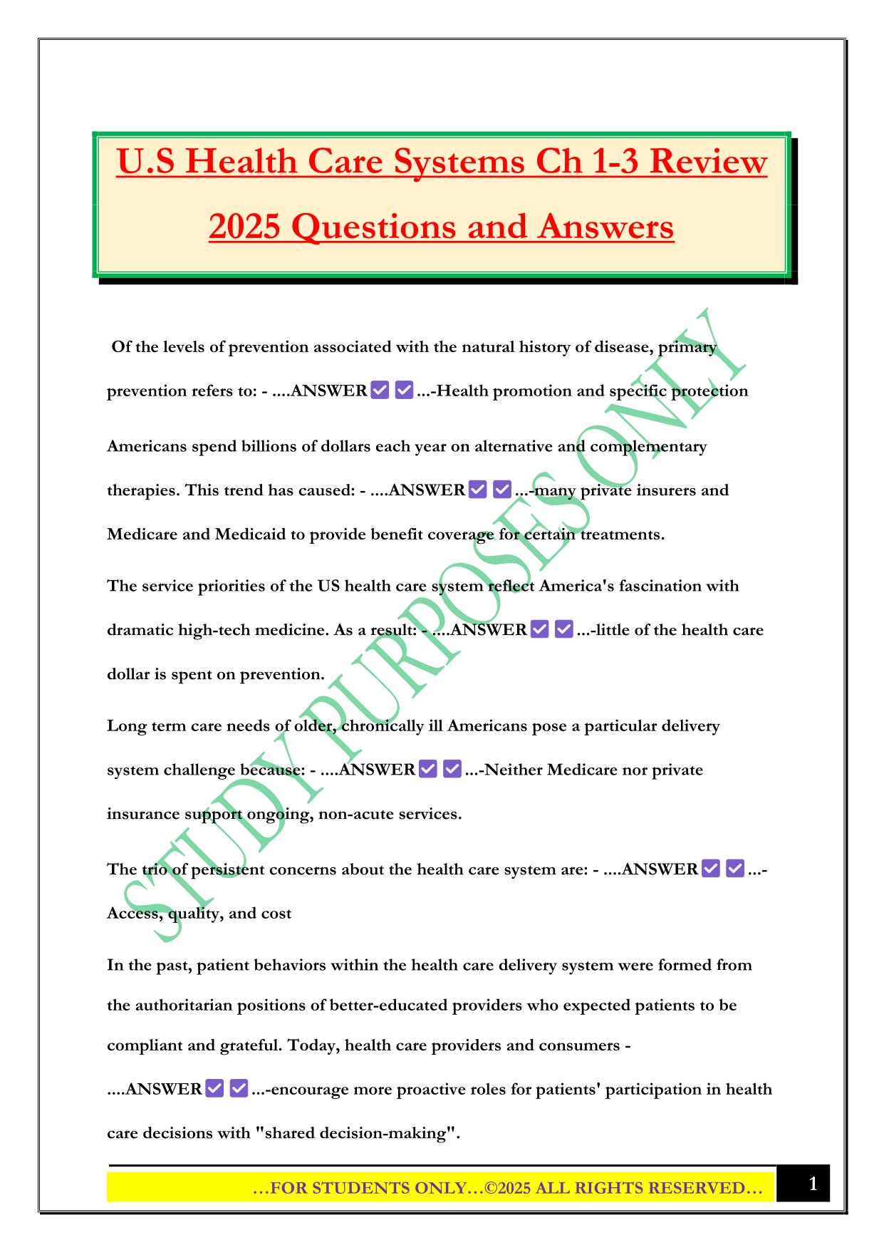U.S Health Care Systems Ch 1-3 Review 2025 Questions and Answers