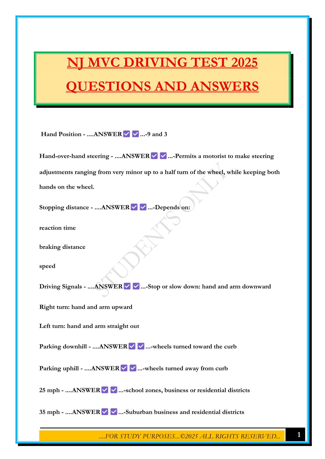 NJ MVC DRIVING TEST 2025 QUESTIONS AND ANSWERS