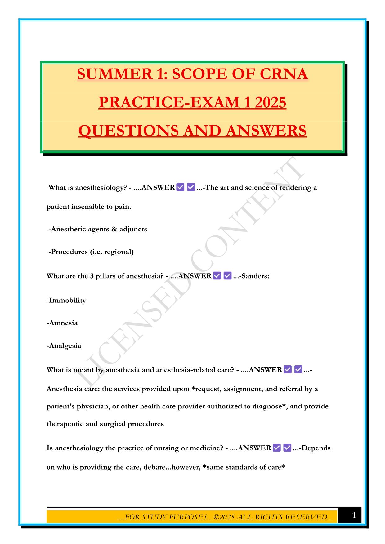 SUMMER 1: SCOPE OF CRNA PRACTICE-EXAM 1 2025 QUESTIONS AND ANSWERS