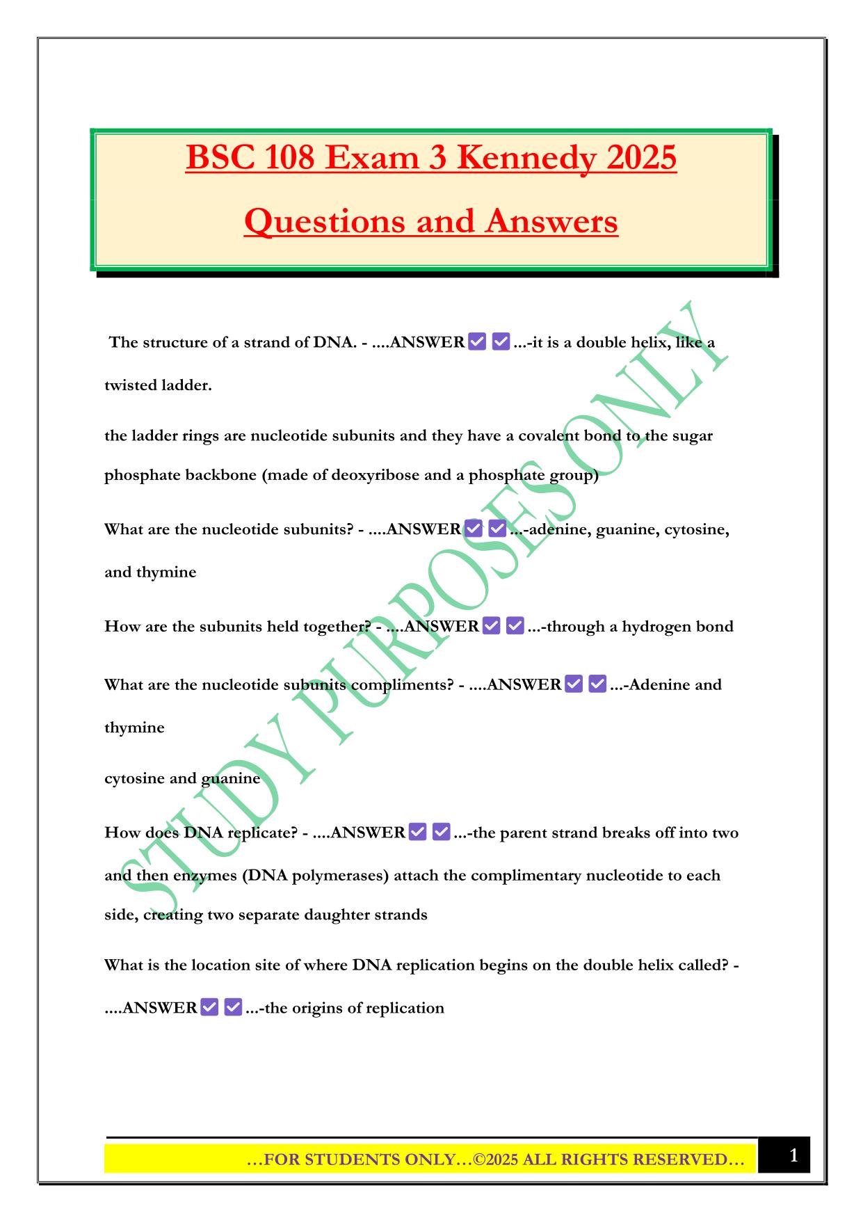 BSC 108 Exam 3 Kennedy 2025 Questions and Answers