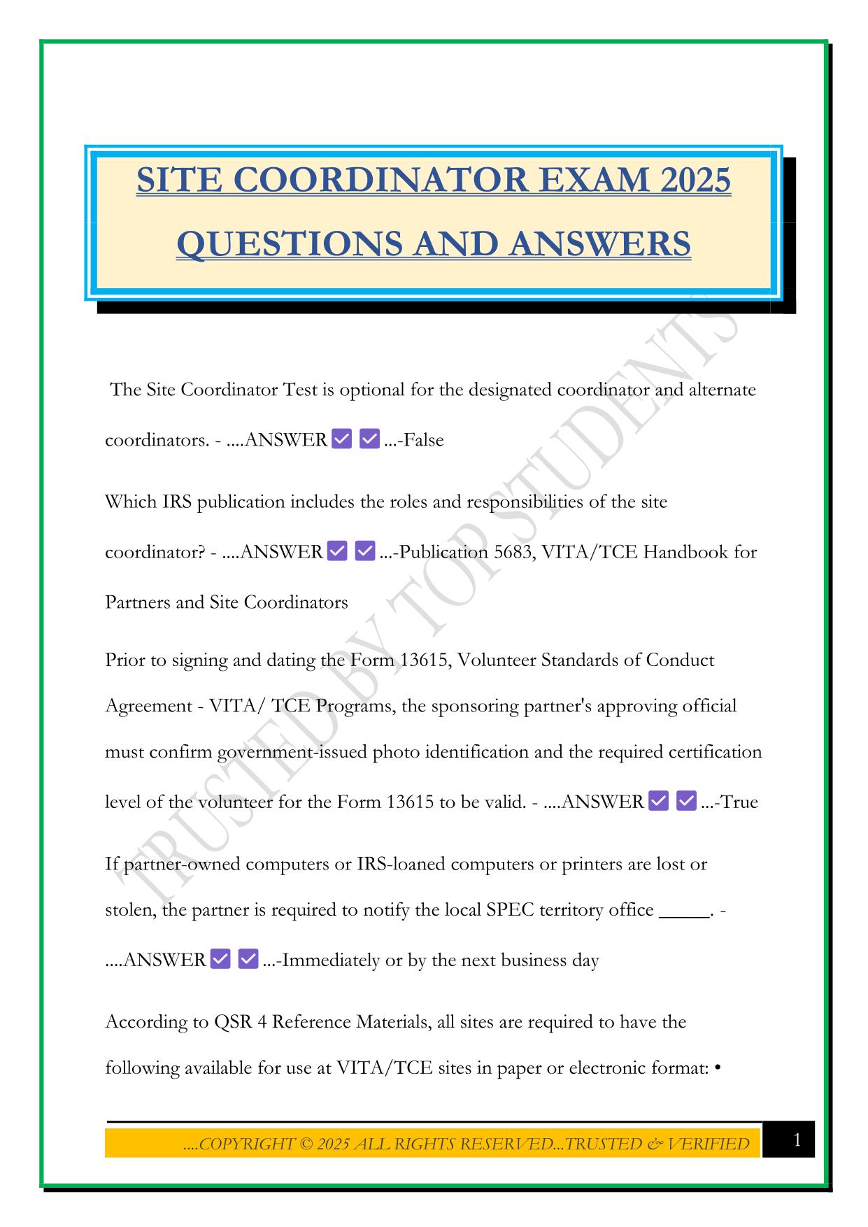 SITE COORDINATOR EXAM 2025 QUESTIONS AND ANSWERS